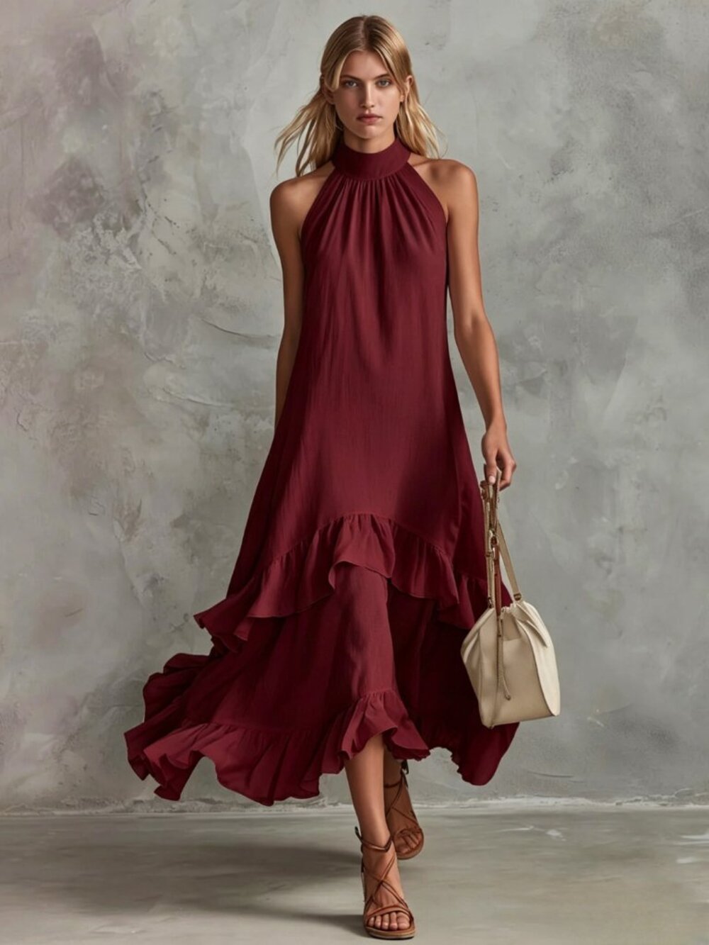 Women's Wine Red Sleeveless Ruffled Maxi Dress